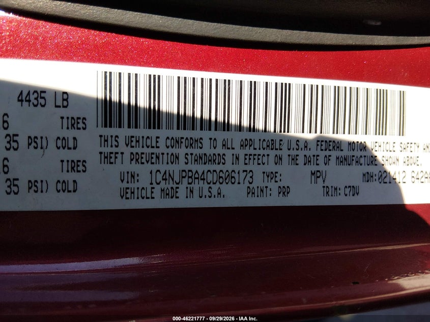 JEEP PATRIOT 2012 VIN 1C4NJPBA4CD606173