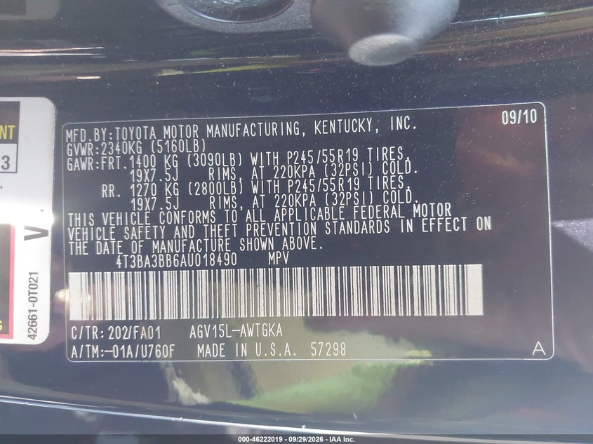 TOYOTA VENZA 2010 VIN 4T3BA3BB6AU018490