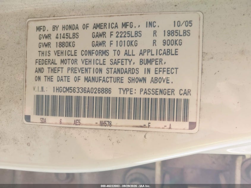 HONDA ACCORD SDN 2006 VIN 1HGCM56336A026886