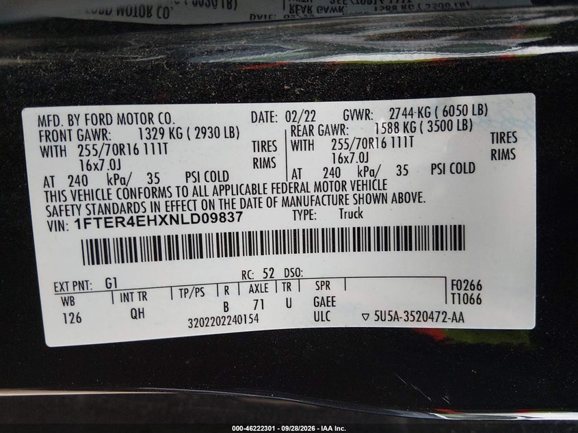 FORD RANGER 2022 VIN 1FTER4EHXNLD09837
