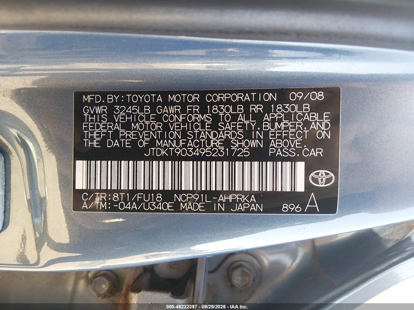 TOYOTA YARIS 2009 VIN JTDKT903495231725