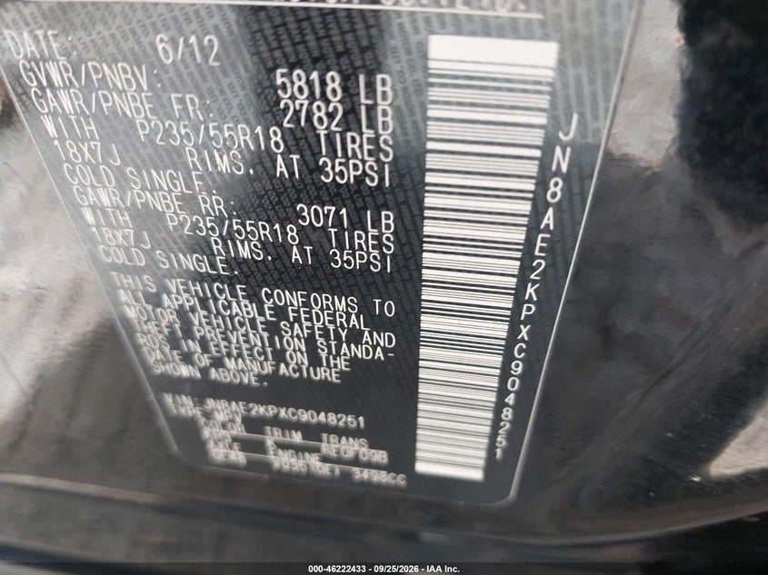 NISSAN QUEST 2012 VIN JN8AE2KPXC9048251
