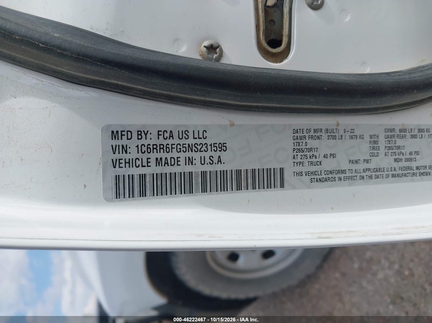RAM 1500 CLASSIC 2022 VIN 1C6RR6FG5NS231595