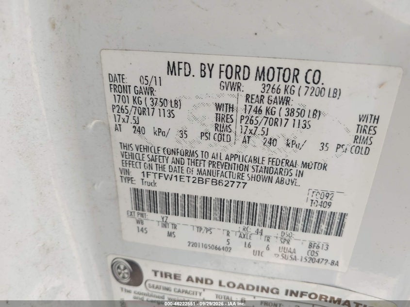 FORD F-150 2011 VIN 1FTFW1ET2BFB62777