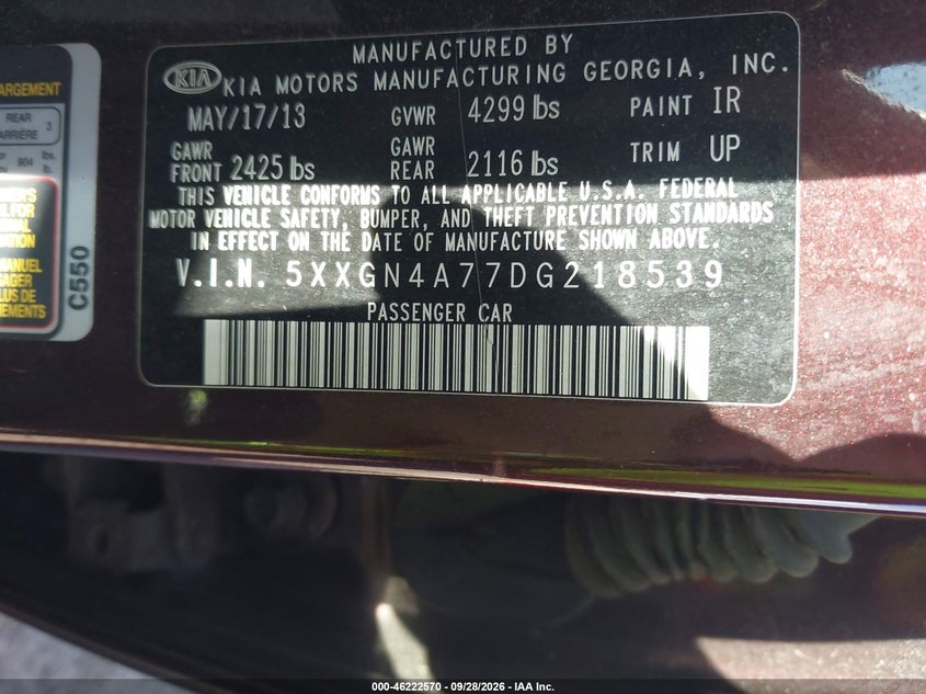 KIA OPTIMA 2013 VIN 5XXGN4A77DG218539