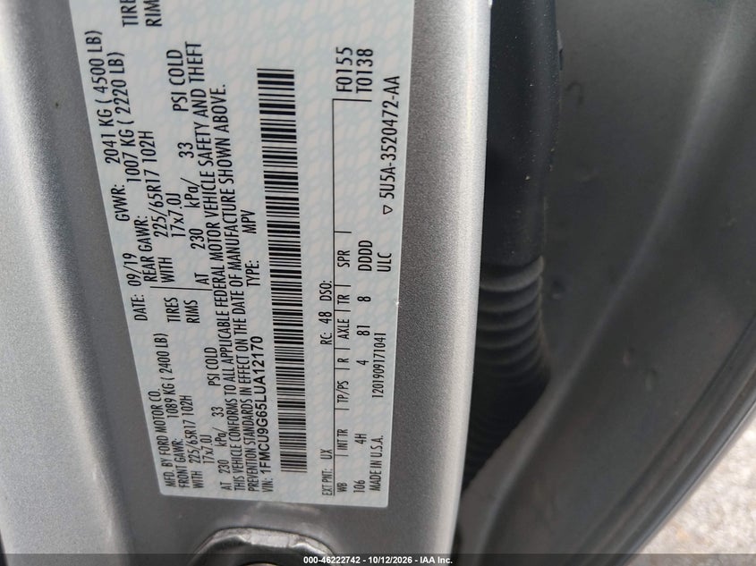 FORD ESCAPE 2020 VIN 1FMCU9G65LUA12170
