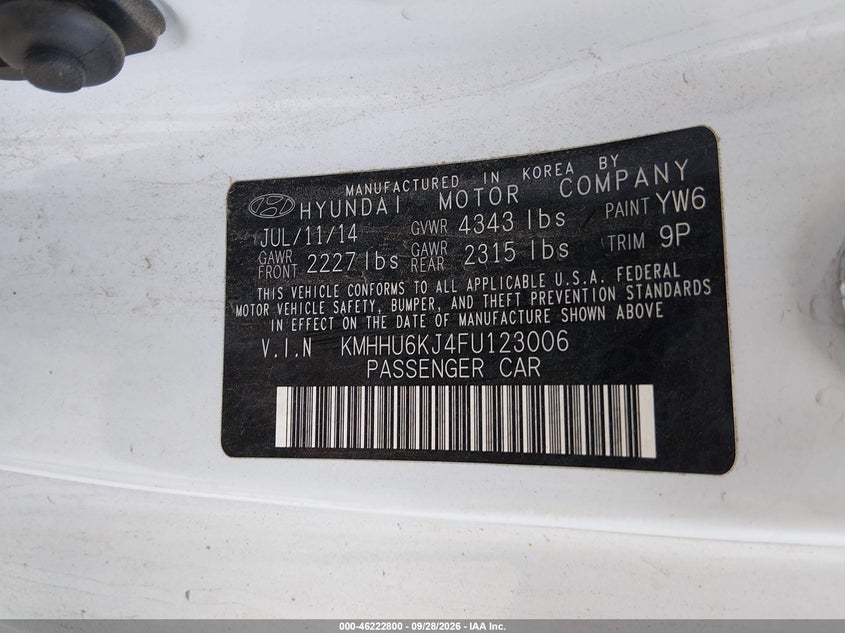 HYUNDAI GENESIS 2015 VIN KMHHU6KJ4FU123006