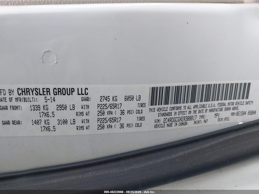 DODGE GRAND CARAVAN 2014 VIN 2C4RDGCGXER388817