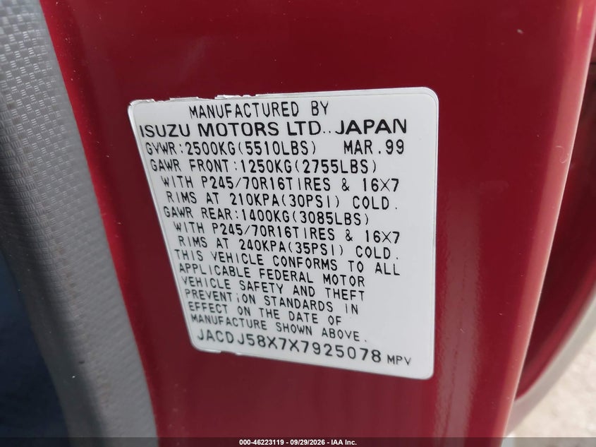 ISUZU TROOPER 1999 VIN JACDJ58X7X7925078
