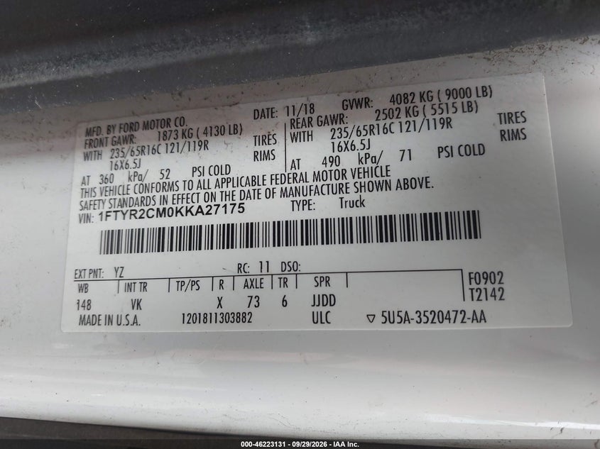 FORD TRANSIT-250 2019 VIN 1FTYR2CM0KKA27175