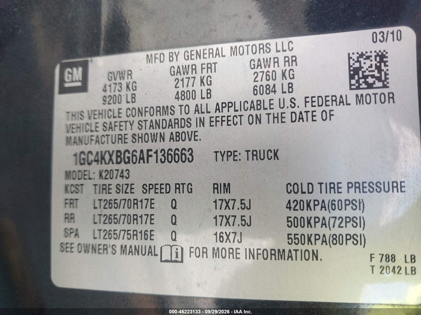 CHEVROLET SILVERADO 2500HD 2010 VIN 1GC4KXBG6AF136663