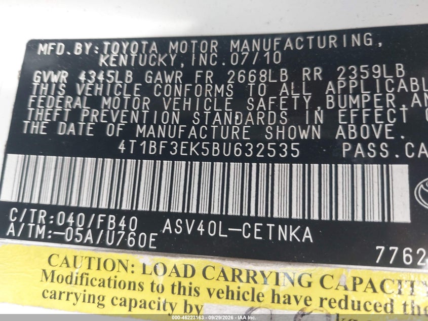 TOYOTA CAMRY 2011 VIN 4T1BF3EK5BU632535