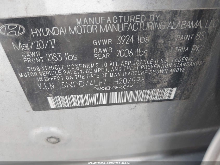 HYUNDAI ELANTRA 2017 VIN 5NPD74LF7HH207598