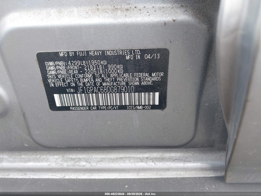 SUBARU IMPREZA 2013 VIN JF1GPAC68DG879010