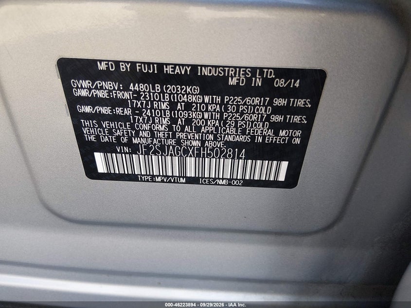 SUBARU FORESTER 2015 VIN JF2SJAGCXFH502814