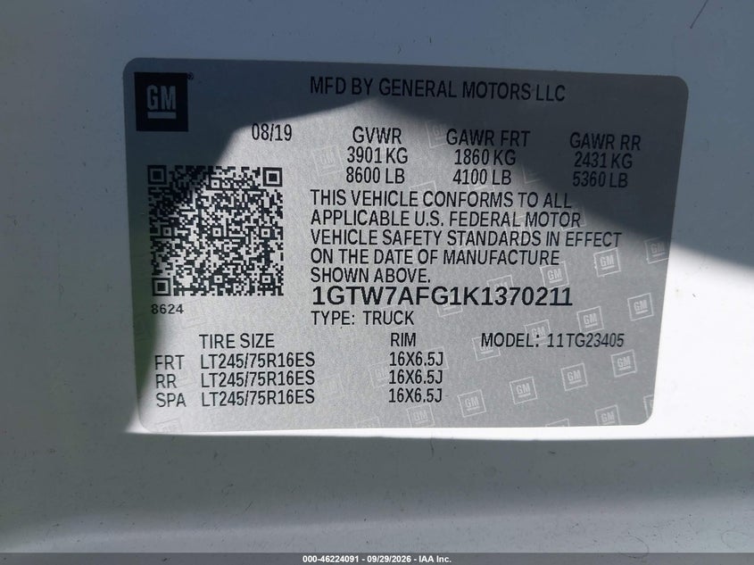 GMC SAVANA 2500 2019 VIN 1GTW7AFG1K1370211