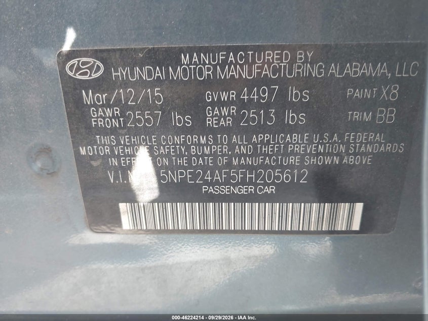 HYUNDAI SONATA 2015 VIN 5NPE24AF5FH205612