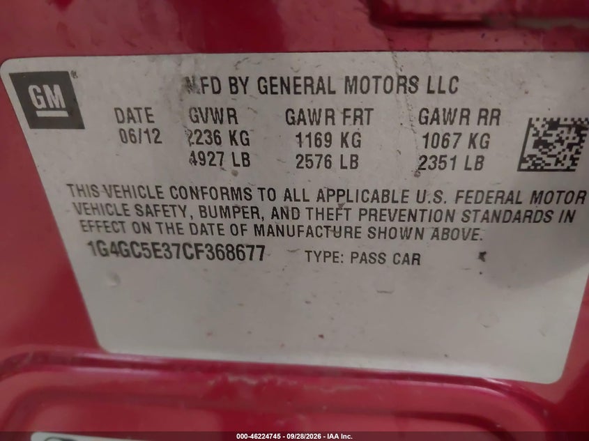 BUICK LACROSSE 2012 VIN 1G4GC5E37CF368677