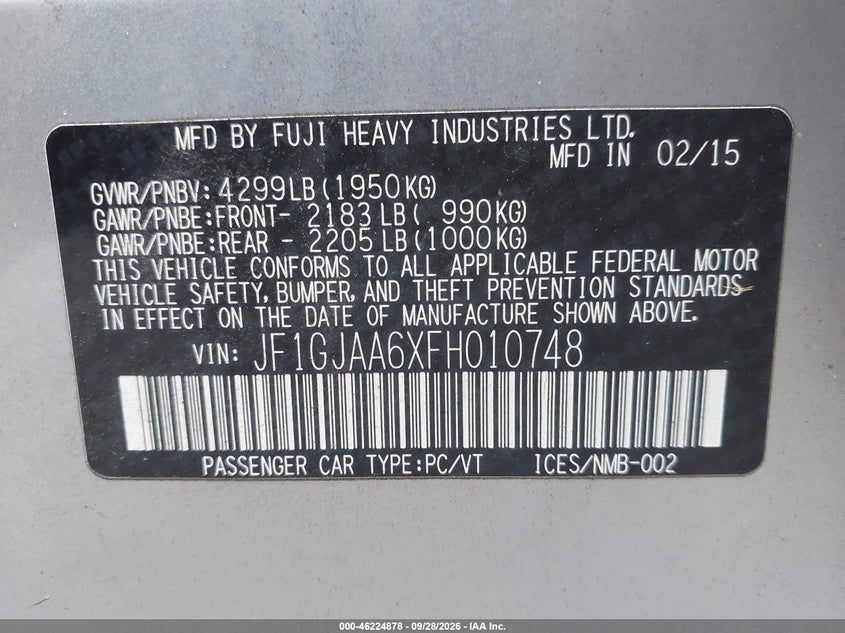 SUBARU IMPREZA 2015 VIN JF1GJAA6XFH010748