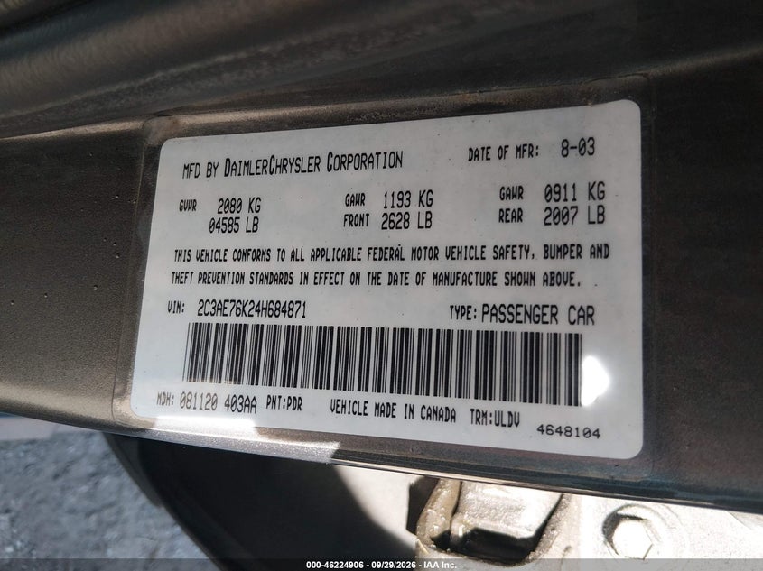 CHRYSLER 300M 2004 VIN 2C3AE76K24H684871