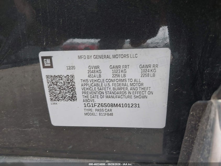 CHEVROLET BOLT EV 2021 VIN 1G1FZ6S08M4101231