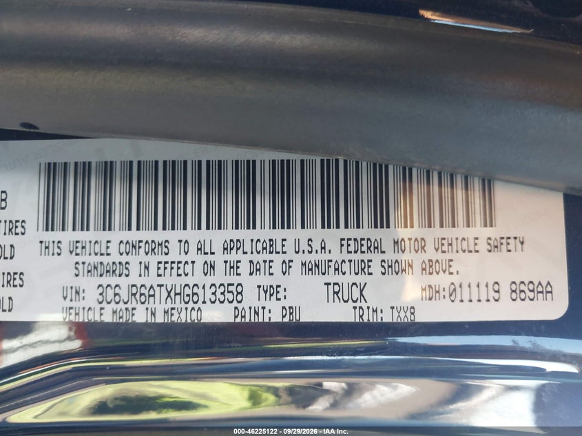 RAM 1500 2017 VIN 3C6JR6ATXHG613358