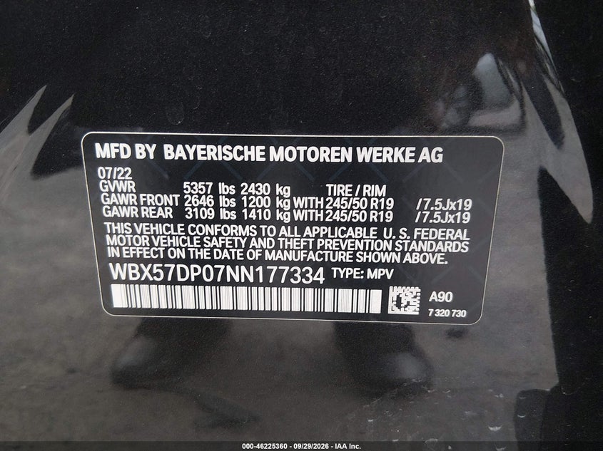 BMW X3 2022 VIN WBX57DP07NN177334