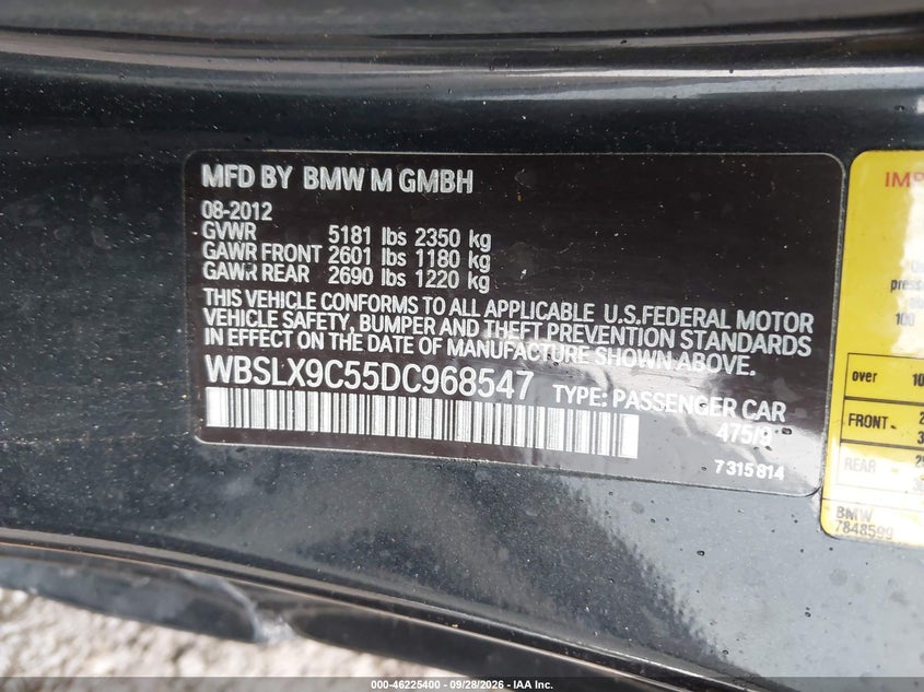 BMW M6 2013 VIN WBSLX9C55DC968547