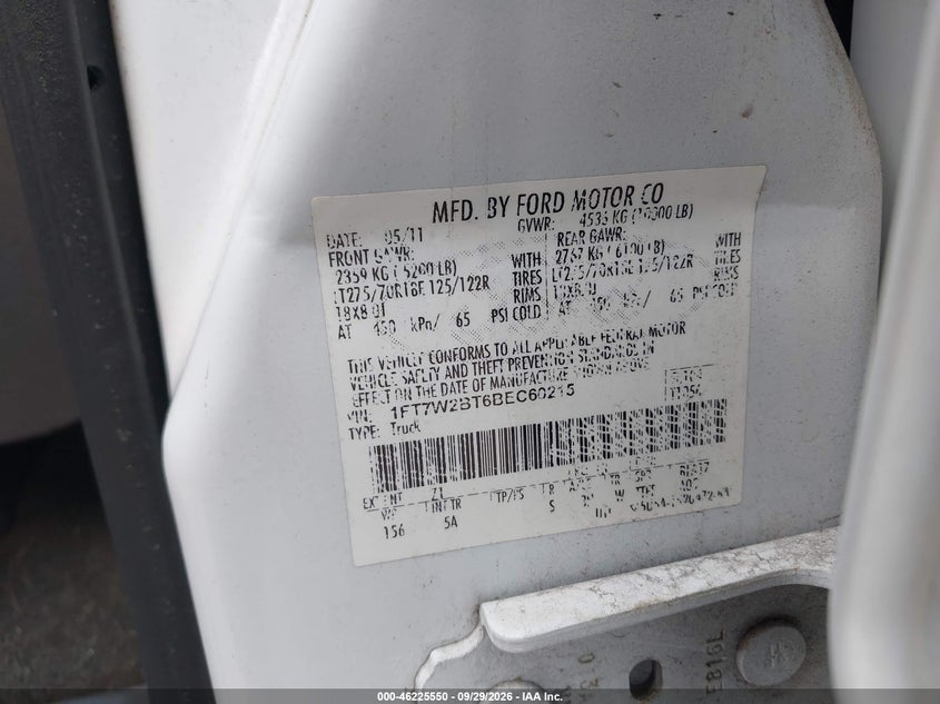 FORD F-250 2011 VIN 1FT7W2BT6BEC60215