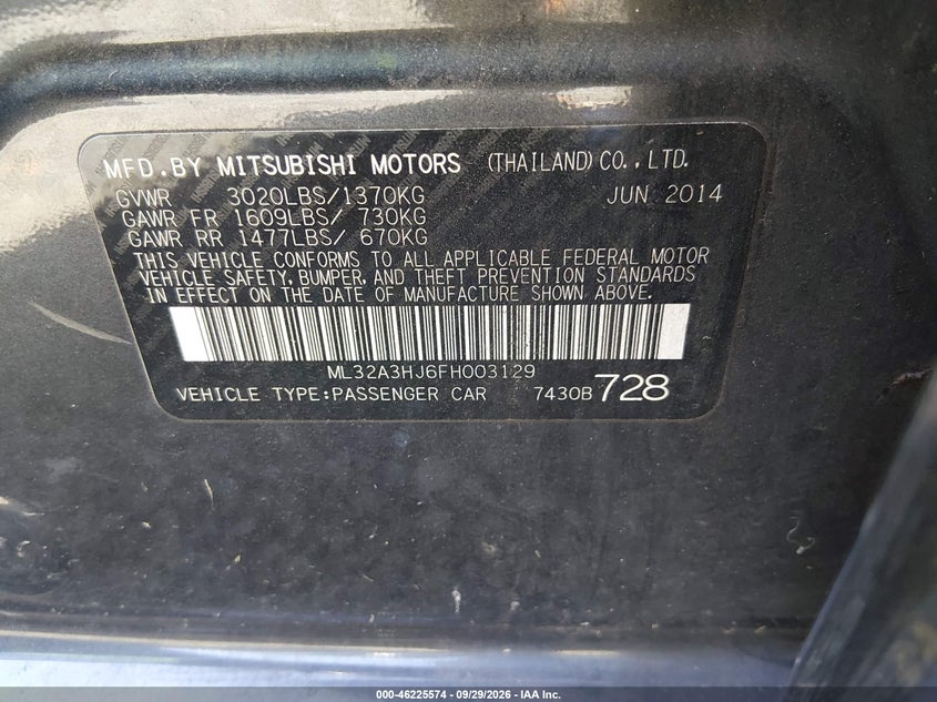 MITSUBISHI MIRAGE 2015 VIN ML32A3HJ6FH003129
