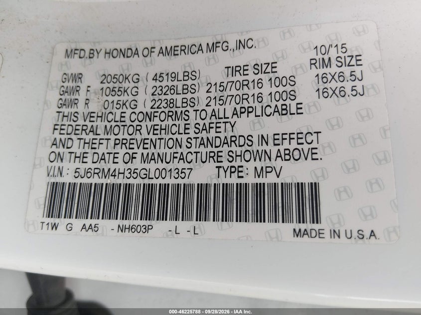 2016 HONDA CR-V LX · Фото 9