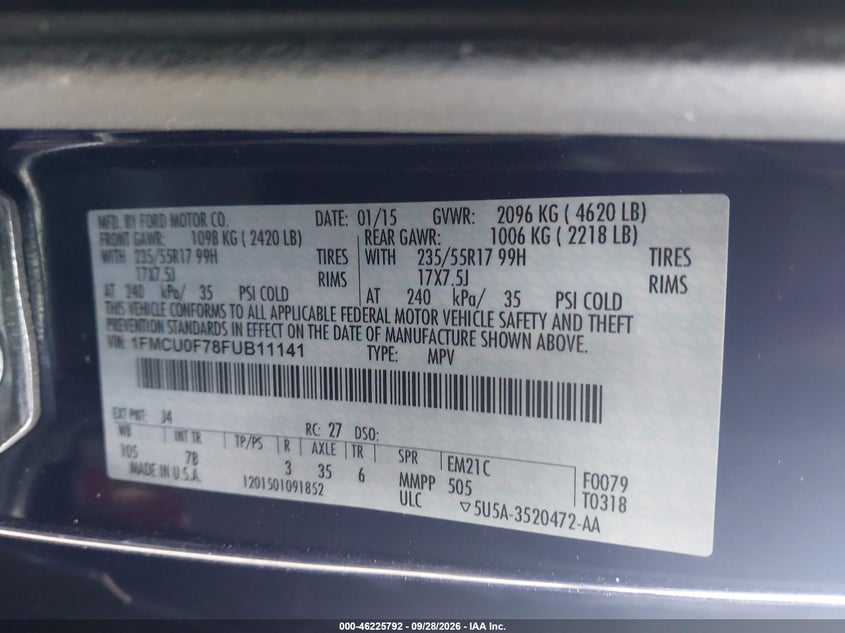 FORD ESCAPE 2015 VIN 1FMCU0F78FUB11141