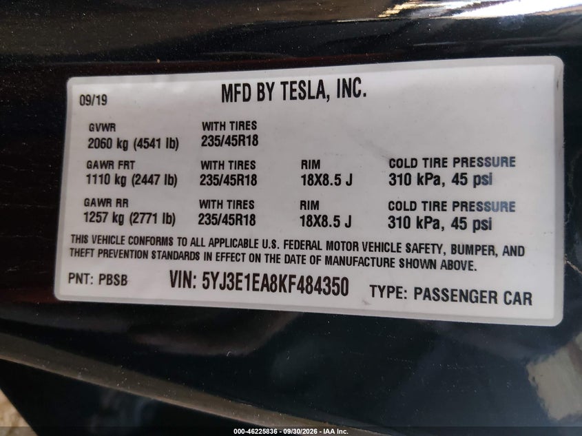 TESLA MODEL 3 2019 VIN 5YJ3E1EA8KF484350