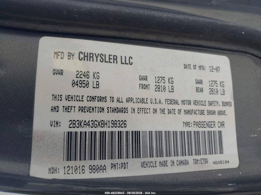 DODGE CHARGER 2008 VIN 2B3KA43GX8H198326