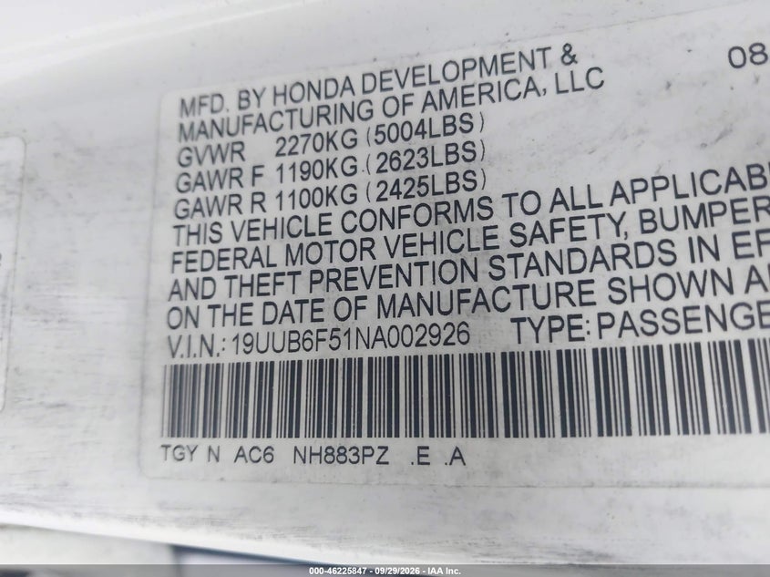 ACURA TLX 2022 VIN 19UUB6F51NA002926