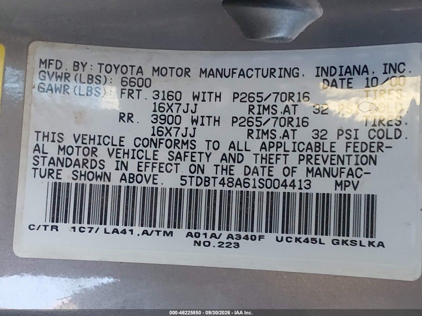TOYOTA SEQUOIA 2001 VIN 5TDBT48A61S004413