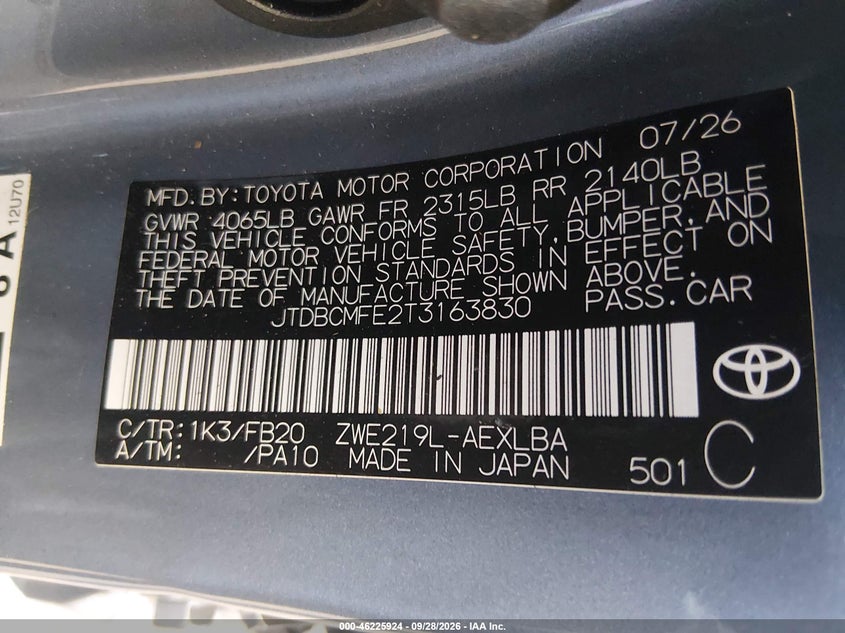 TOYOTA COROLLA HYBRID 2026 VIN JTDBCMFE2T3163830
