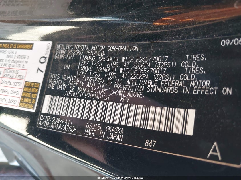 TOYOTA FJ CRUISER 2007 VIN JTEBU11F970043103