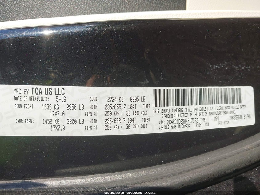 CHRYSLER PACIFICA 2017 VIN 2C4RC1DG5HR517372