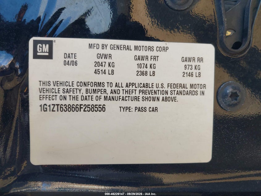 CHEVROLET MALIBU MAXX 2006 VIN 1G1ZT63866F258556