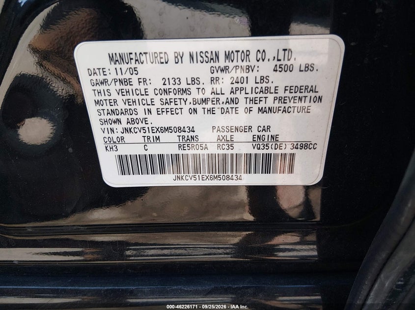 INFINITI G35 2006 VIN JNKCV51EX6M508434