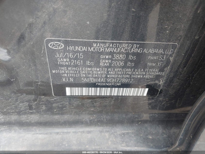 HYUNDAI ELANTRA 2016 VIN 5NPDH4AE9GH728912