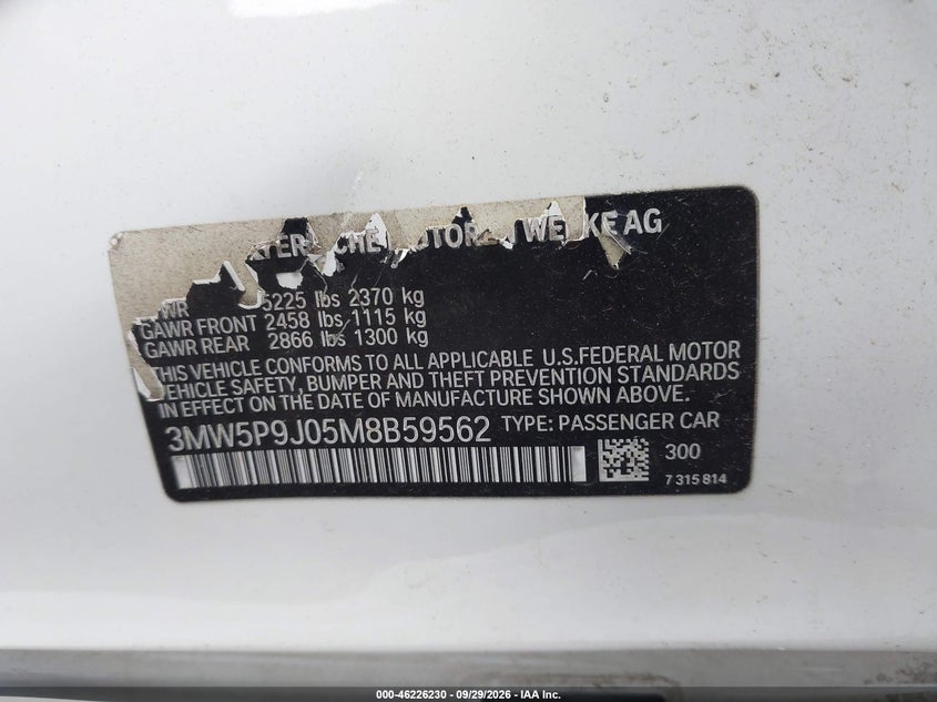 BMW 330E 2021 VIN 3MW5P9J05M8B59562