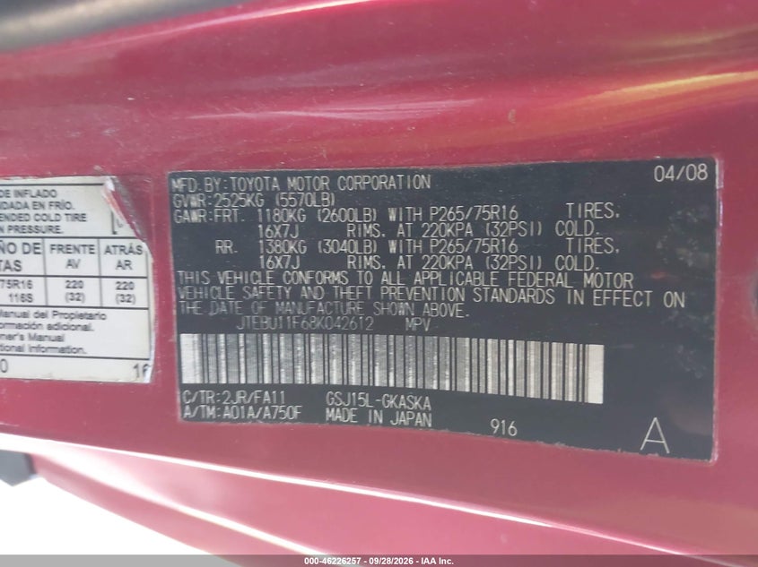 TOYOTA FJ CRUISER 2008 VIN JTEBU11F68K042612