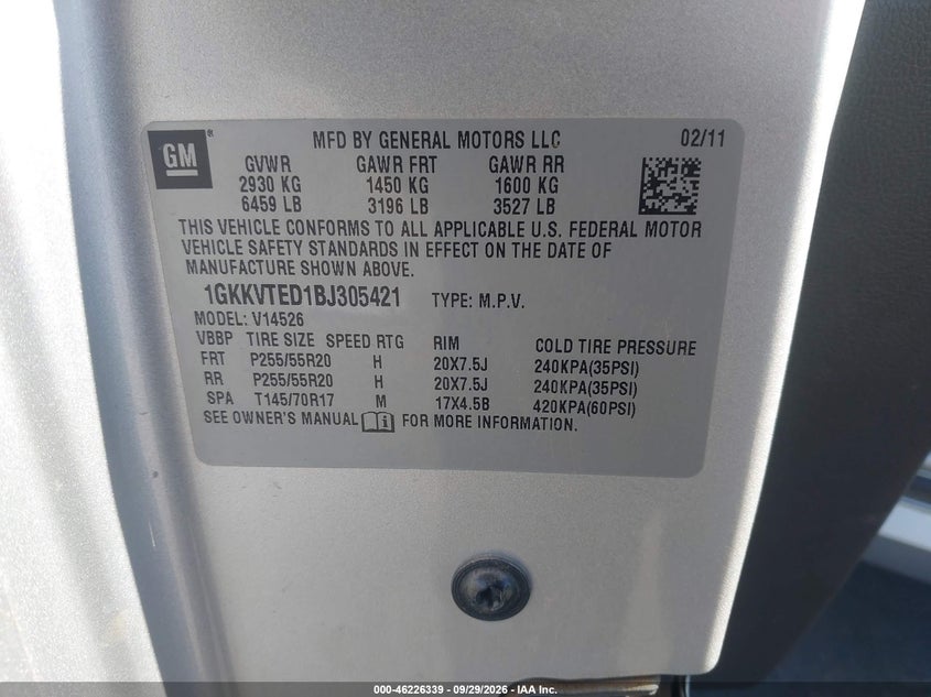 GMC ACADIA 2011 VIN 1GKKVTED1BJ305421
