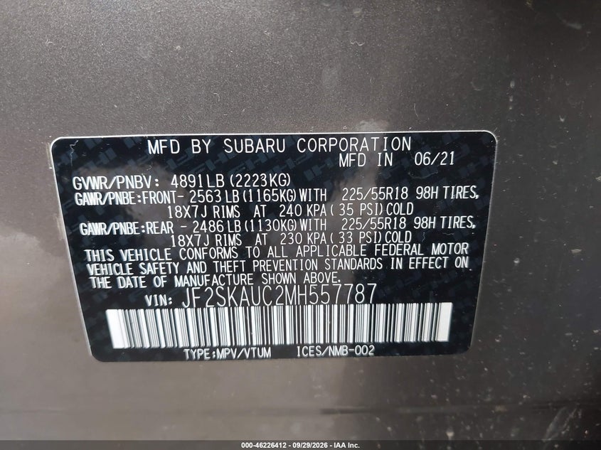 SUBARU FORESTER 2021 VIN JF2SKAUC2MH557787