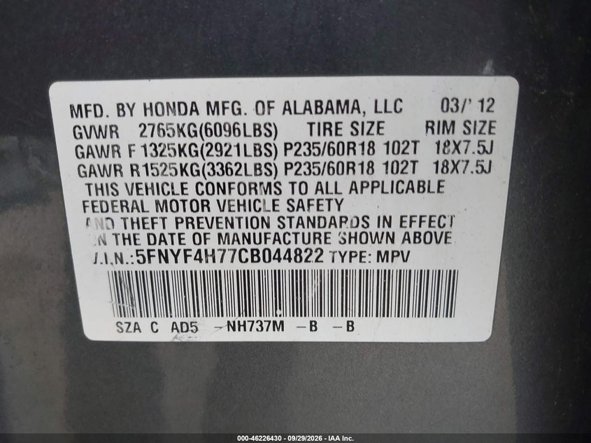 HONDA PILOT 2012 VIN 5FNYF4H77CB044822