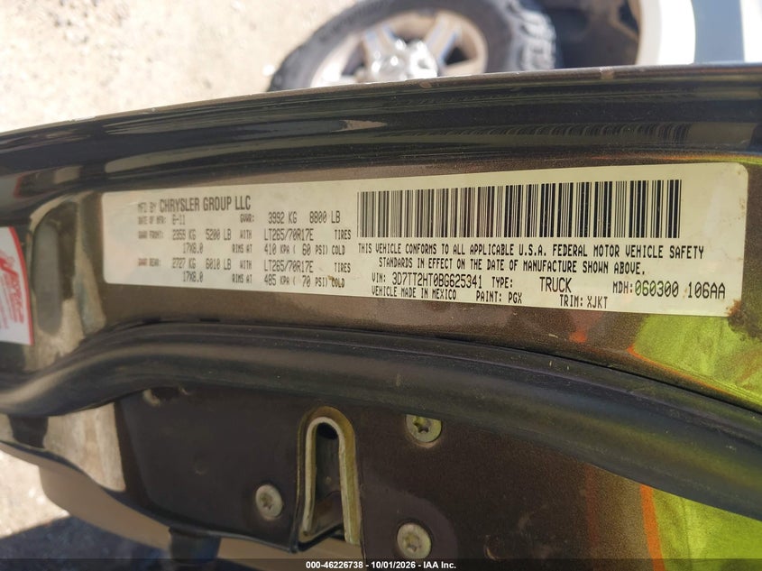 RAM RAM 2500 2011 VIN 3D7TT2HT0BG625341