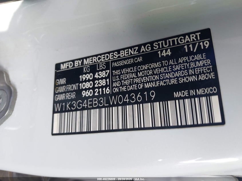MERCEDES-BENZ A 220 2020 VIN W1K3G4EB3LW043619