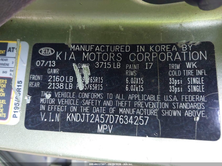 KIA SOUL 2013 VIN KNDJT2A57D7634257
